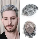 ZENY896V Herren Haarteil Echthaar-Ersatzsystem, Toupet for Männer, feine Mono-Welle, männliche Perücken, Herrenprothese, 8 x 10 graue Haarteileinheiten Toupet für Männer(1B80#)