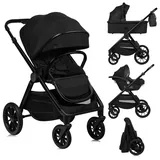 lionelo LAYLA 3in1 Babyschale, Babywanne und Buggy bis 22n kg, Babywanne bis 9 kg, 360° Schwenkbare PolyurethanRäder, XXL Verdeck - Schwarz