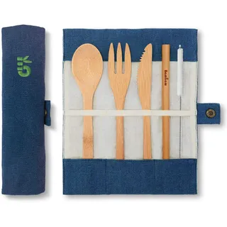 Bambaw Eßbesteck aus Bambus | Reisebesteck | umweltfreundliches Besteckset | Messer, Gabel, Löffel und Strohhalm| Besteck Holz | Reisebesteck für unterwegs mit Reiseetui | 20 cm | Ozean | Bambaw