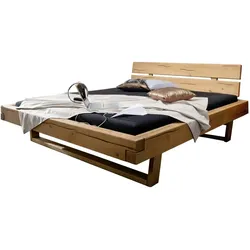 SAM® Balkenbett Bojan 200x200cm, Fichte honigfarben, Holzbett massiv, gebeizt + geölt, geteiltes Kopfteil