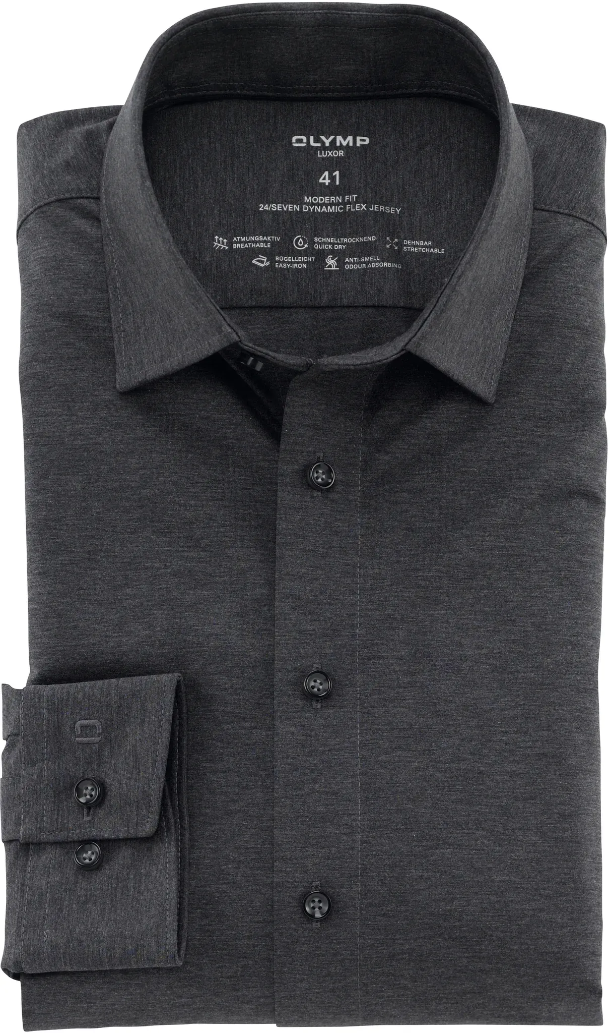 Langarmhemd OLYMP "Luxor 24/Seven" Gr. 45, N-Gr, grau (anthrazit) Herren Hemden Langarm mit geruchshemmenden Materialeigenschaften