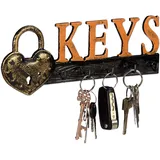 Relaxdays Schlüsselbrett, 5 Haken, Vorhängeschloss & Keys-Schriftzug, Gusseisen, Vintage, HBT 10x26x3 cm, orange/schwarz, 1 Stück