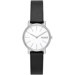 Quarzuhr SKAGEN "SIGNATUR LILLE", schwarz (schwarz, weiß), Armbanduhren, Damen, Armbanduhr, Damenuhr, Nachhaltigkeitssiegel, Lederarmband