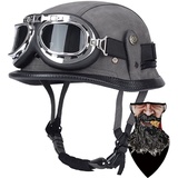 Deutsche Leder Motorrad Halbhelme Retro Halbschalenhelm JetHelm mit Visier Schnellverschluss Schnalle für Cruiser Chopper Biker Moped DOT/ECE-Zulassung