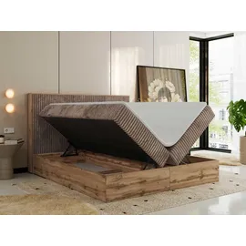 MKS Meble Boxspringbett WOOD Classic mit Topper T25, Doppelbett für Schlafzimmer, hohe Kopfteil - Braun Cord -