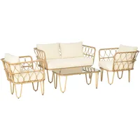 Polyrattan Gartenmöbel Lounge Set Sofa 2 Sessel Couchtisch Glasplatte 7 Kissen Creme Ecru