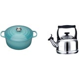 Le Creuset Signature Gusseisen-Bräter mit Deckel, Ø 24 cm, Rund, Für alle Herdarten und Induktion geeignet + Le Creuset Wasserkessel, Füllmenge: 2,1 l, Stahl/Phenolgriffe