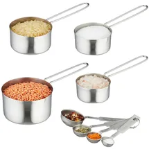 Relaxdays Messbecher und Messlöffel Set, 8-teilig, Edelstahl, US-Größen & ml-Angaben, Portionierlöffel mit Griff, Silber