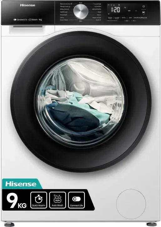 Hisense 3S Serie Wasch-Trockenautomat – 9 kg Fassungsvermögen, Waschen & Trocknen in einem, Hygiene-Dampf, Energieeffizienzklasse A, Leiser Inverter-Motor & Smarte WLAN-Steuerung