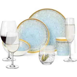 Melamin Camping Geschirr Set 4 Personen Crystal Blue + 16 Tiamo Gläser Wassergläser Weingläser Champagner-Gläser Flûtes Tafelgeschirr Picknick BBQ Kochgeschirr
