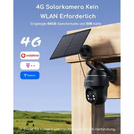 COOAU 4G LTE Überwachungskamera Aussen Akku mit SIM Karte+64GB Kartenspeicher+Solarpanel, Kamera überwachungs LTE,2K Kabellos Solar Kamera Outdoor mit Farb-Nachtsicht, PIR Personenerkennung,