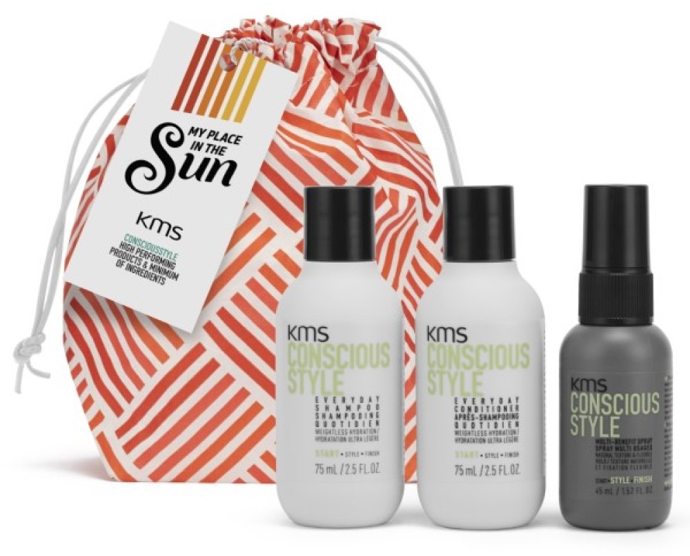 KMS Conscious Travelset - Shampoo 75 ml + Conditioner 75 ml + Multi-Benefit Spray 45 ml + Kosmetiktasche