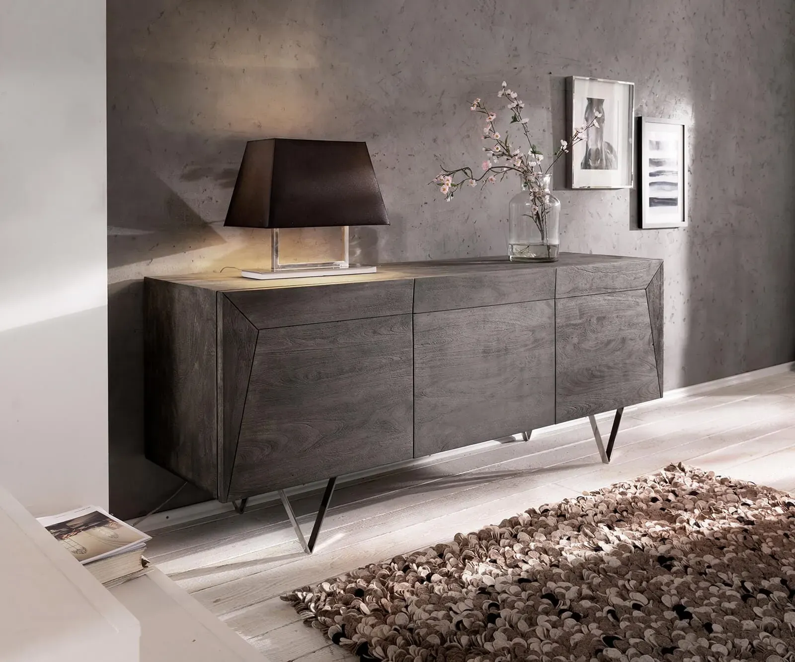 DELIFE Buffet design Wyatt 175 cm acacia platine 3D aspect inoxydable en haut, Buffets