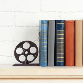 Relaxdays Buchstütze Retro, Gusseisen, Bücher, DVDs, Zahnräder, Filmrolle, Deko Buchwinkel HxBxT: 16 x 13 x 10 cm, braun