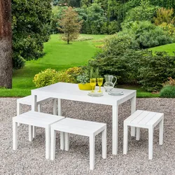 Dmora Outdoor-Lounge-Set Sanremo, Gartenset mit 1 rechteckigem Tisch und 4 Bänken, Indoor- und Outdoor-Set für Pic Nic, 100 % Made in Italy, Weiß