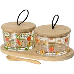 Decoris Servierschalen mit Deckel und Serviertablett 7x20x10cm Glas Bambus Set Pfirsich Motiv Glasschälchen Snackschalen Dipschalen Schälchen Servierplatte