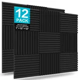 JBER 12 Pack Acoustic Foam Panels, 1" X 12" X 12" Studio Soundproofing Wedges Fire Resistant Sound Proof Padding Acoustic Treatment Foam (Black)