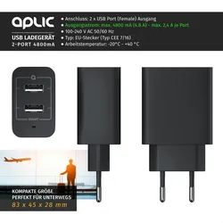 Aplic USB-Ladegerät 4800 mA, 2-Port Netzteil für Handy/Smartphone/Tablet, 4800mA - 2400mA je Port