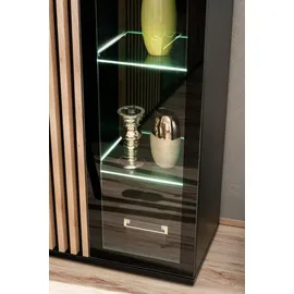 furn.design Wohnwand "Morgan" in schwarz und Jackson Eiche Schrankwand mit Kamin, inkl. Beleuchtung - Schwarz