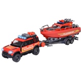 Majorette - Feuerwehrauto mit Boot (33,5 cm) - Land Rover Spielzeugauto aus Metall mit Anhänger und schwimmfähigem Speedboot zum Aufziehen, mit Licht & Sound, Spielzeug für Kinder ab 3 Jahre