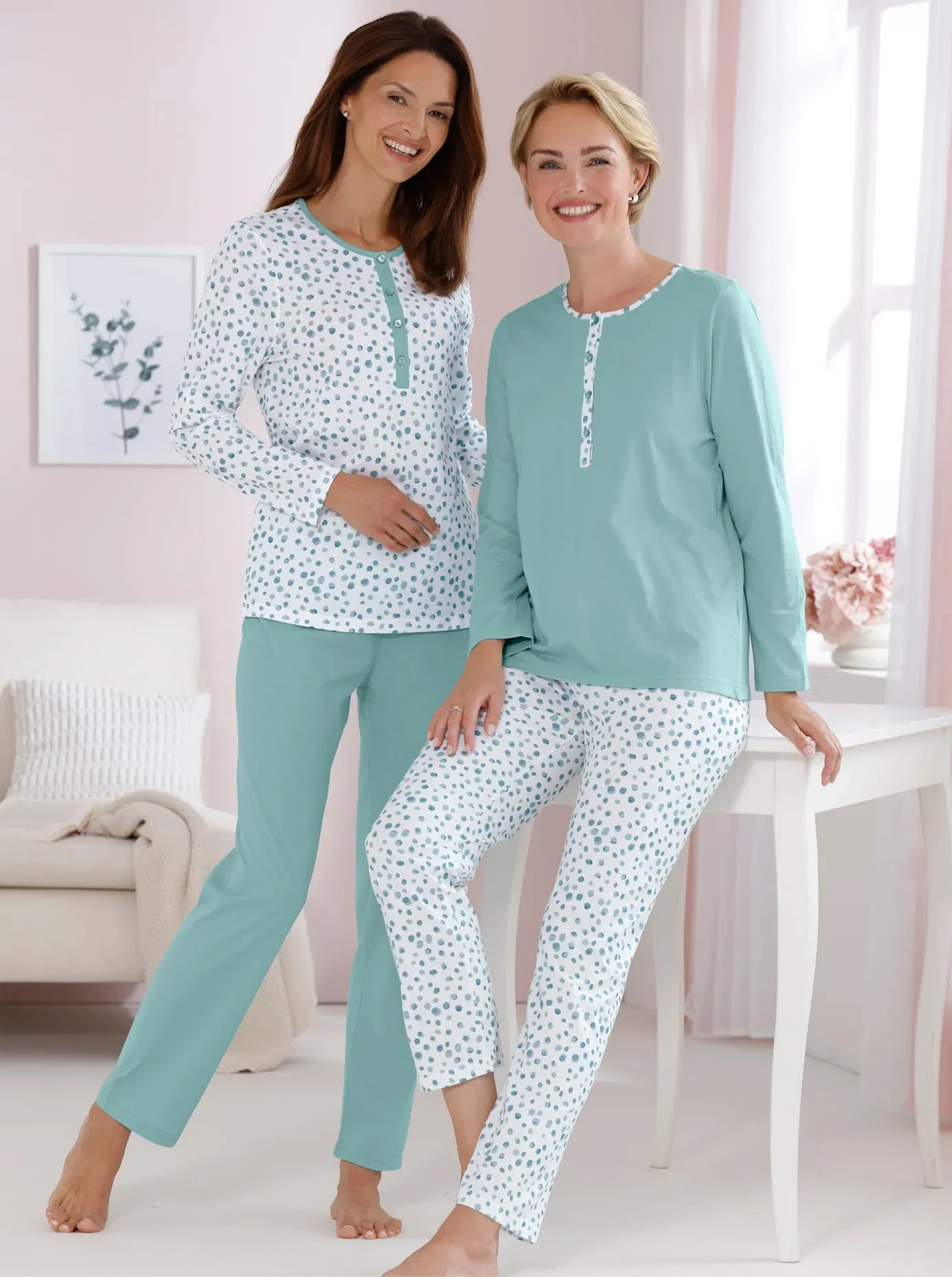 Schlafanzug ASCAFA, Damen, Gr. 44/46, grün (mint, bedruckt), 100% Baumwolle, Homewear-Sets Schlafanzug