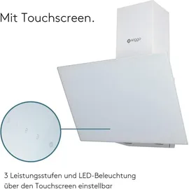 Wiggo Dunstabzugshaube 60cm kopffrei I Abluft Umluft Dunstabzug 300m3/h - LED Touch-Display 3 Stufen I Schräghaube inkl. Fettfilter & 2 x Kohlefilter I Abzugshaube mit Glasfront weiß