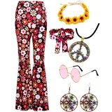 Hippie Kostüm Damen Set Hippie Schlaghose Bunt Hippie Peace Kette Brille Stirnband 60er 70er Jahre Mode Outfit Party Boho Hippie kleidung Damen Hosen Flower Power 70er Jahre Bekleidung Frau (L)