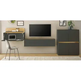 furn.design Wohnwand, Grau, Eiche Wotan, Holzwerkstoff, Nachbildung,Eiche, Uni, Holz Optik, 4 Fächer, 370x122x40 cm, Wohnzimmer, Wohnwände, Wohnwand-Sets