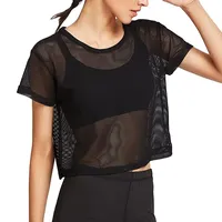 ORANDESIGNE Damen Y2k Mesh Crop Top Spitzen Shirt Sexy Transparent Netz Top Rundhals Party Oberteile Netzshirt Mesh Bluse Bauchfrei Clubwear G Schwarz L - L