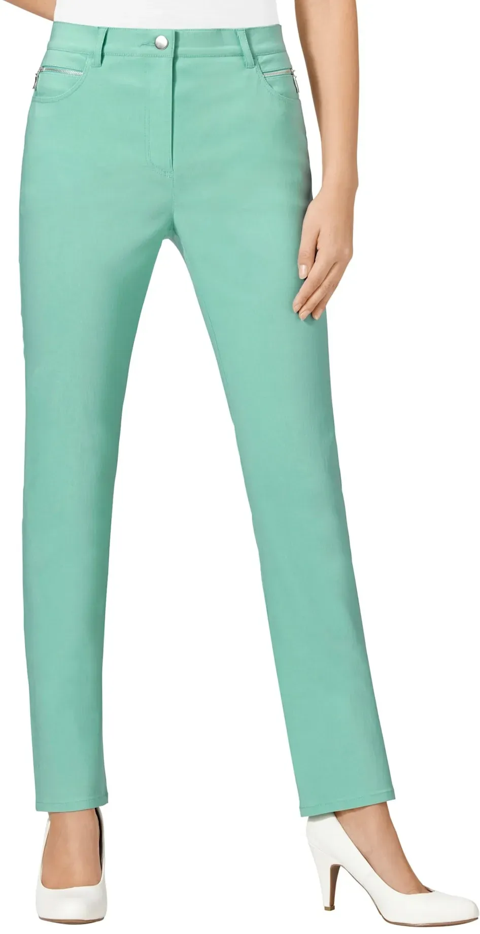 Stretch-Hose STEHMANN, Damen, Gr. 24, Kurzgrößen, grün (mint), 72% Viskose, 25% Polyamid, 3% Elasthan, unifarben, lang, Hosen