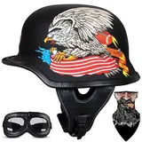 SYEBVTQ Vintage Deutsche Motorrad Halbhelme Halbschalenhelm Mit ECE Genehmigt Brain-Cap mit Sonnenbrille Schnellverschluss Schnalle, Jethelm Retro, Chopper Helm, Scooter-Helm