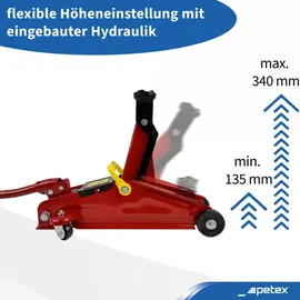 PETEX Rangierwagenheber, 2 T, hydraulisch + Drehmomentschlüssel 40-210 Nm, inkl. 3 Stecknüsse 17/19/21 mm, 1 Verlängerung - Set