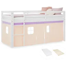 Homestyle4u Hochbett 90 x 200 cm Kiefer massiv weiß lila-beige