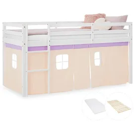 Homestyle4u Hochbett 90 x 200 cm Kiefer massiv weiß lila-beige