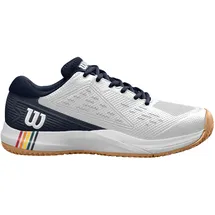 Wilson Rush Pro Ace Clay Herren-Tennisschuhe, Sichere Passform, Dynamische Unterstützung, Atmungsaktives Mesh, Ideal für Sandplätze, Weiß/Navy Blazer/Gum1a, Größe 8,5 - 42 2/3 EU