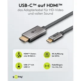 goobay USB-C zu HDMI Kabel 2 m Schwarz/Silber
