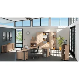 Geramöbel Flex Schreibtisch buche, silber L-Form, 5-Fuß-Gestell silber 216,6 x 113,0 cm