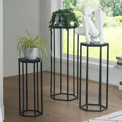 Kadima Design Massivholz und Metall Beistelltische, 3 Hexagon Tische, Modernes Design. 35x35x90 cm