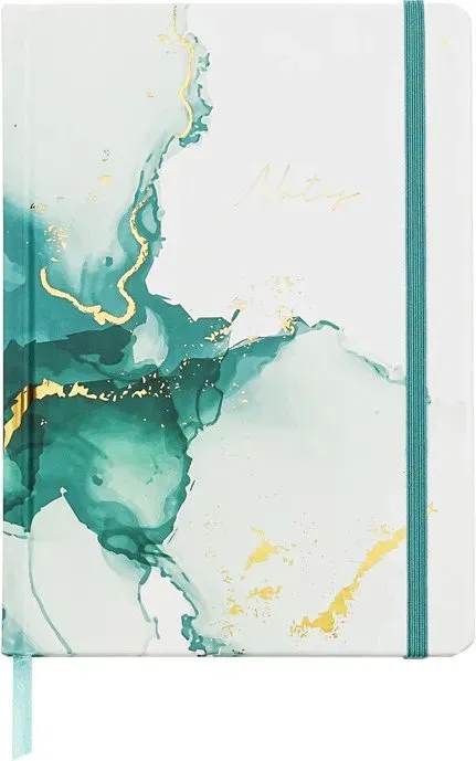 Jubiluu A5 Hardcover-Notizbuch mit linierten Seiten – 96 Blatt (100 g/m2 Offsetting-Papier), Lesezeichen & elastischer Trageriemen – klassisches cremefarbenes liniertes Notizbuch für Schreiben, Schule, Büro und als Geschenk – Teal Marmor-Design