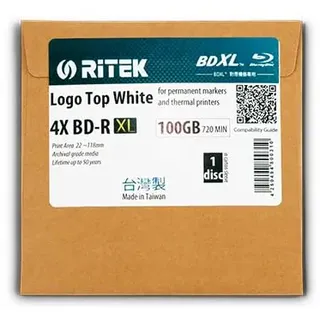 Ritek BD-R XL BDXL 100 GB Archivierungsmedien, Triple-Layer, 4X, Logo Top White, für Edding oder Thermodrucker, 1 STK. in Kartonsleeve