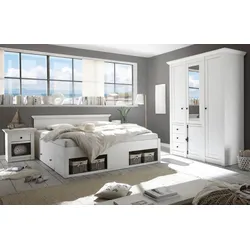 Schlafzimmer komplett "Hooge" in Pinie weiß Landhaus Set mit Doppelbett, Kleiderschrank und Nachttisch