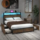 Stauraumbett Mit Led Beleuchtung, Ladestation & 4 Schubladen, Doppelbett Mit Kopfteil & Lattenrost, Industrielles Bett, Metallbett Bettrahmen 200 X 140 Cm - Costway