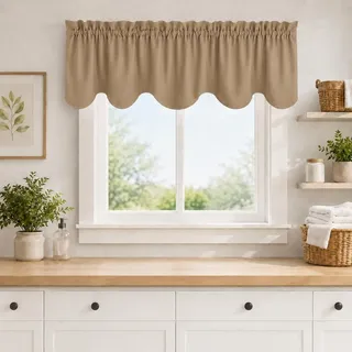 Aquazolax Fenster-Querbehang, Bogenkantendesign, Fensterschmuck, dekorative Vorhänge, Querbehang mit Stangenschlaufen für Küche, Wohnzimmer, ca. 46 x 132 cm (L x B), 2 Stück, Taupe