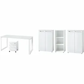 KADIMA DESIGN Büro-Set MUENCHEN 5-teilig weiß Glasfront Abschließbar Schreibtisch, Container, 2 Schränke, Regal