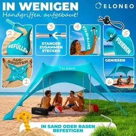 eloneo Strandzelt, Sonnensegel Strand 228x214x200 cm, LSF 50+, Sonnenschutz für Strand mit Sandschaufel, Heringen und 4 Stabilitätsstangen, 4 Personen, Türkis