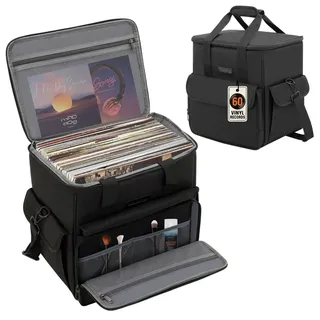 Valveric Vinyl Tragetasche für Schallplatten, LP Aufbewahrungstasche für 60 LPs (7/10/12 Zoll), Schallplattenkoffer mit Trennwänden, Wasserabweisend, Tragetasche für DJs & Sammler