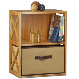 Relaxdays Regal Bambus mit Korb, 2 Ablagen, Holz Standregal, Badregal, Faltbox, HxBxT: 54 x 42 x 29 cm, natur braun