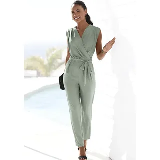 Overall LASCANA, Damen, Gr. 38, N-Gr, grün (jade), Jersey, Obermaterial: 95% Polyester, 5% Elasthan, unifarben, modisch, figurumspielend knöchellang, V-Ausschnitt, ohne Ärmel, Overalls, aus knitterfreier Ware, eleganter Jumpsuit in Wickeloptik, bügelfrei, Topseller