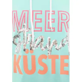 Zwillingsherz Hoodie Meer Strand Küste mit Kapuze, Pailletten-Schriftzug und aufgesticktem Anker-Motiv grün S/M (36/38)