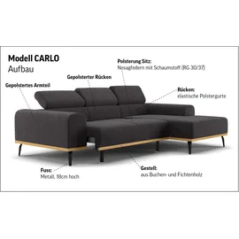 Home Affaire Ecksofa HOME AFFAIRE "Carlo L-Form", grau (lava), B:244cm T:157cm, Sofas, Ecksofa, mit Kopfteilverstellung & Holz-Rahmenoptik, wahlweise Relaxfunktion